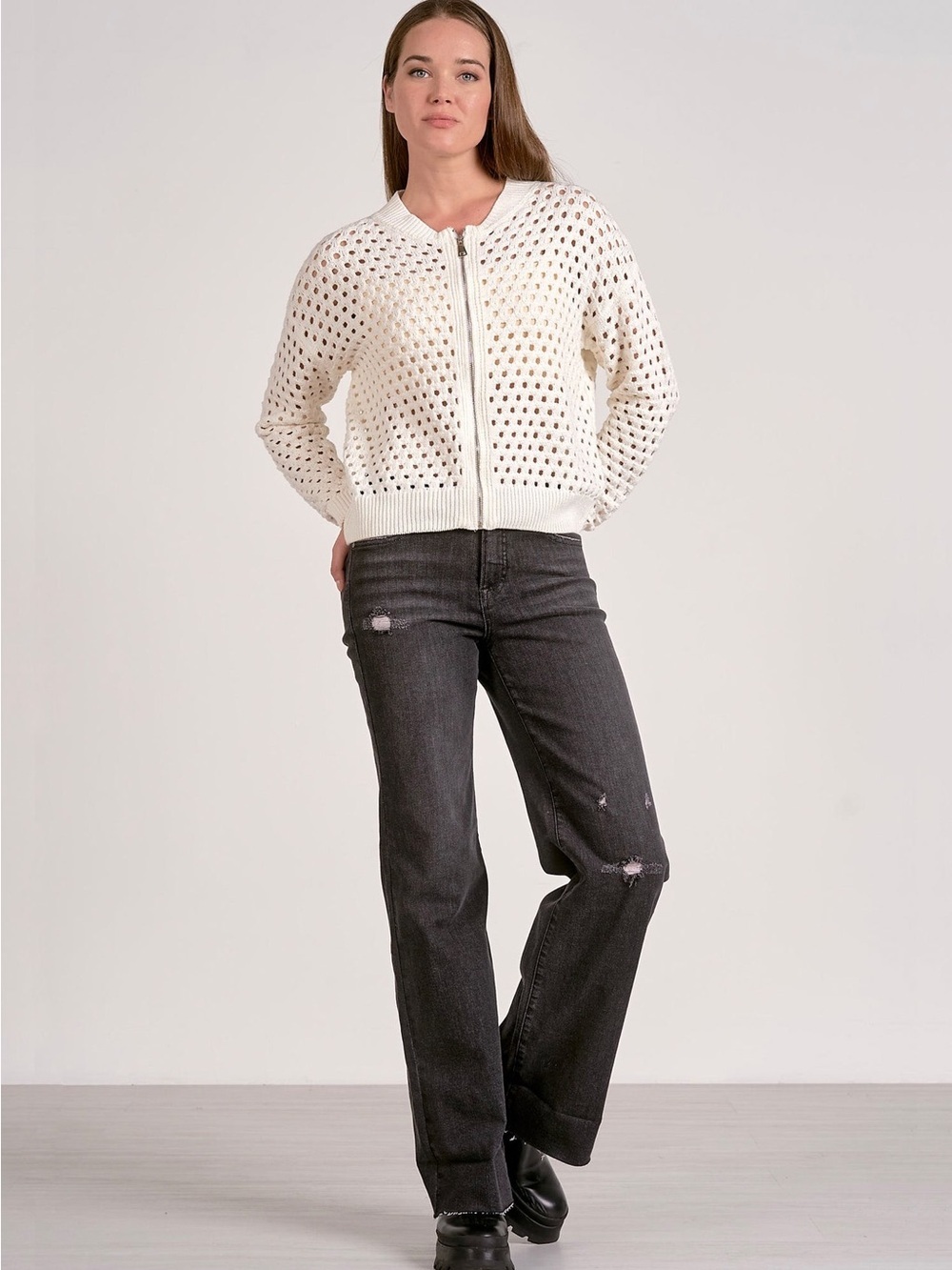 Elan Aster cable knit Sweater Cardigan Zip Up relaxed fit White size large NWT - Picture 2 of 12